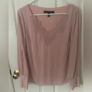 White House Black Market Dusty Rose Lace-Trim Long Sleeve Blouse